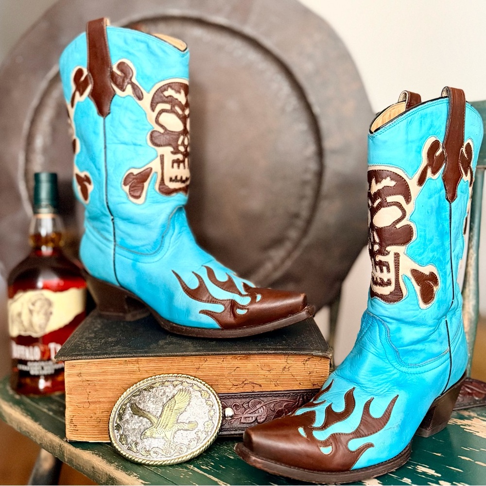 Corral Skull And Flame Leather Heeled Vintage Cowboy Boots Turquoise Brown 8